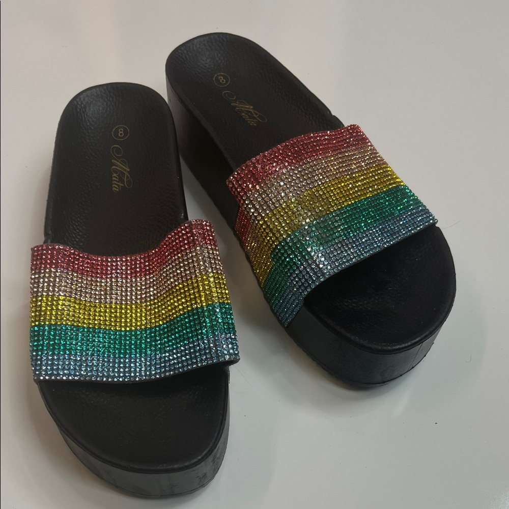 Chunky Platform Rainbow Rhinestone Slides Sandals Size 8
